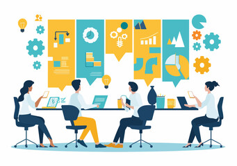 Team Collaboration on Business Project Planning in Modern Office Setting with Data Visualization Charts and Technology, Minimalistic Vector Illustration for Corporate Strategy and Cooperation Concepts