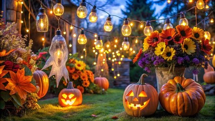 Spookyyet whimsical outdoor Halloween decorations feature twinkling string lights, glowing jack-o'-lanterns, and eerie ghostly figures amidst autumnal leaves and vibrant orange and purple flowers