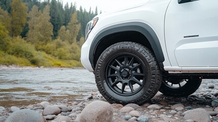 A white vehicle navigates an off-road trail, splashing through water and rocks. Close-up highlights include fog lights and a dark wheel hub, emphasizing its rugged features