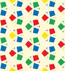A geometric seamless pattern in red, blue, green, and yellow set against a light yellow background. The bold shapes and vibrant colors. perfect for textiles, wallpapers, or digital graphics.