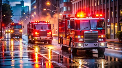 Three bright red firetrucks, fully equipped with flashing lights and sirens, racing down a wet city street during