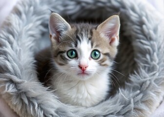 tiny, curious kitten with bright green eyes and soft, gray and white fur, curled up in a snug