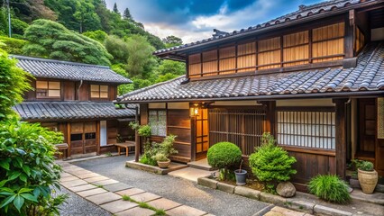 Traditional Japanese machiya-style abode with tiled roof, wooden accents, and sliding paper screens set amidst lush greenery in a serene, rustic village setting.