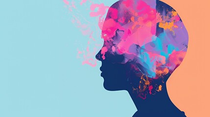 Abstract profile silhouette with colorful splatter paint inside.