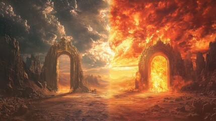A depiction of heaven and hell gates, presenting a choice between paradise and fiery damnation in a religious-themed artwork.