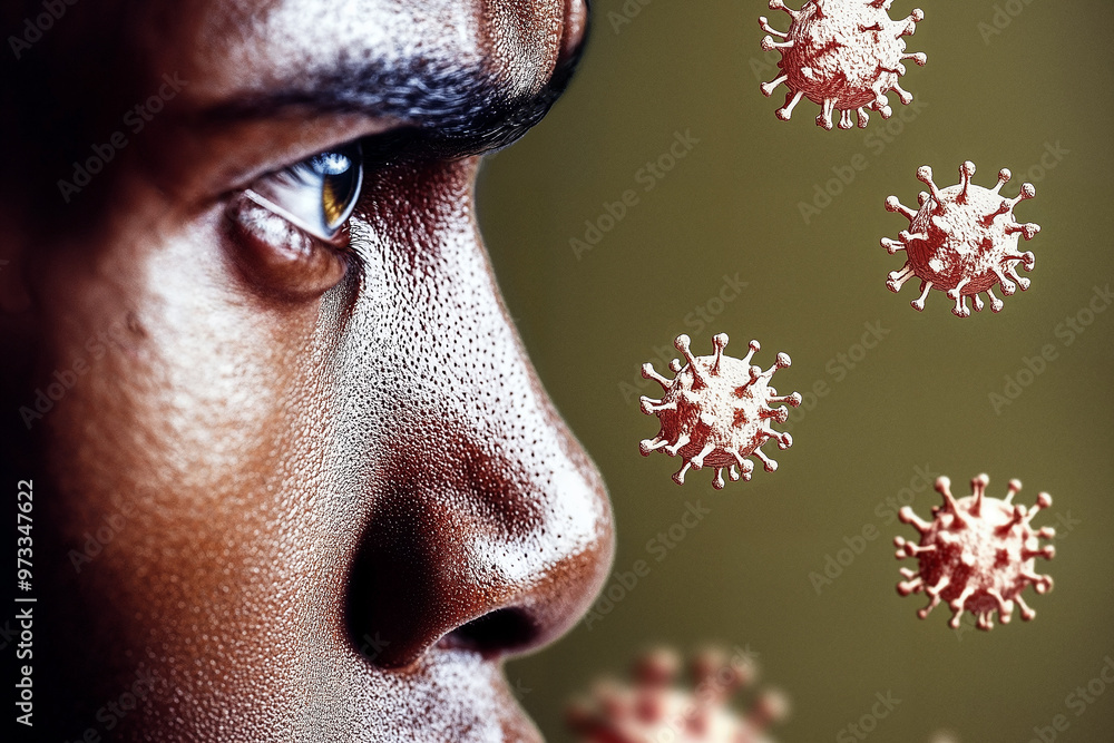 Wall mural close-up of a face with floating virus particles