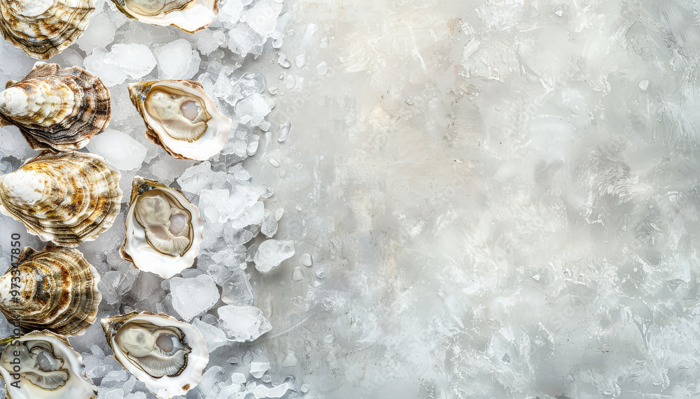 Poster a close up of oysters on ice. the oysters are surrounded by ice and are displayed in a way that high