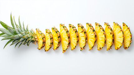 Naklejka premium A fresh pineapple cut into slices. A beautifully arranged line of fresh pineapple slices on a white background, suitable for health-related designs, food blogs, and tropical themes.