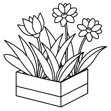 recommend clip art: flowers on wooden box outline coloring book page line art drawing