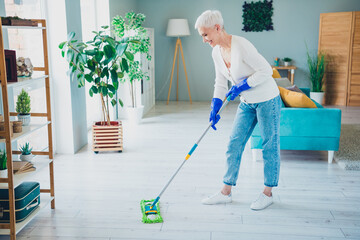 Photo of positive cheerful senior woman wear white cardigan daily chores routine cleaning indoors...