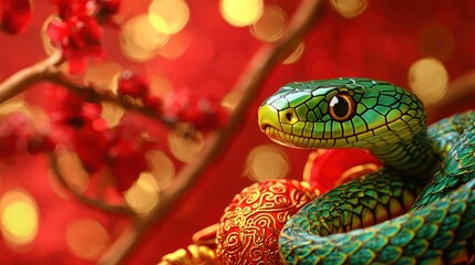 A festive scene of Chinese New Year with a green snake against a red and gold backdrop, symbolizing prosperity and celebration.