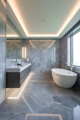 A sleek grey marble bathroom with LED lighting. There is a double vanity with two sinks, and a freestanding tub. The vanity has a mirror above it. The floor is tiled with grey marble.