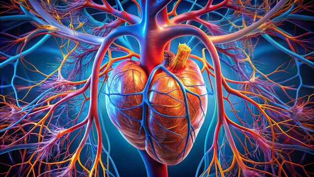Vibrant 3D illustration of the human heart's collateral circulation system, showcasing intricate networks of veins and arteries in stunning anatomical detail.