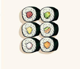 sushi different types of maki delicious food asian japanees restaurant dish draw linear illustration isolated on white background © @avolagrf