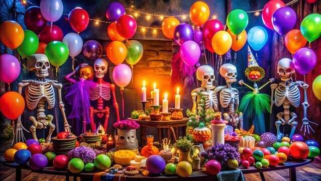 Vibrant and spooky Halloween party scene with elaborate decorations, colorful balloons, and playful skeletons, creating a lively and eerie atmosphere for a festive celebration.