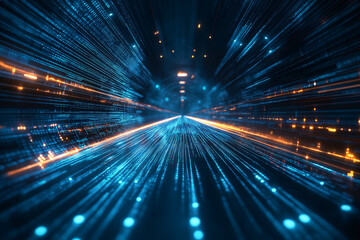 Obraz premium Futuristic digital data stream with blue and orange light trails, representing fast technology and data transfer