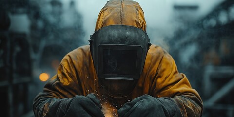Fototapeta premium An individual in a welding mask performs metal work with precision, showcasing skill with bright arcs and visible sparks