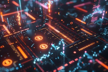 A sophisticated 3D visualization of financial transactions with animated currency icons, interactive graphs, and glowing digital data, all set against a dark, high-tech backdrop.