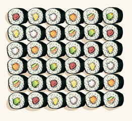 sushi pattern different types of maki delicious food asian japanees restaurant dish draw linear illustration isolated on white background