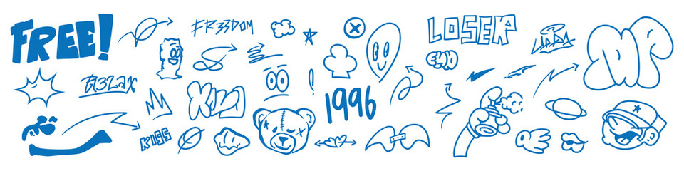 Urban street graffiti doodle element set, sticker kit, spray ghetto prints collection. Gangster tattoo kit, underground