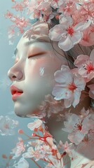 Dreamy Portrait of a Woman Surrounded by Cherry Blossoms