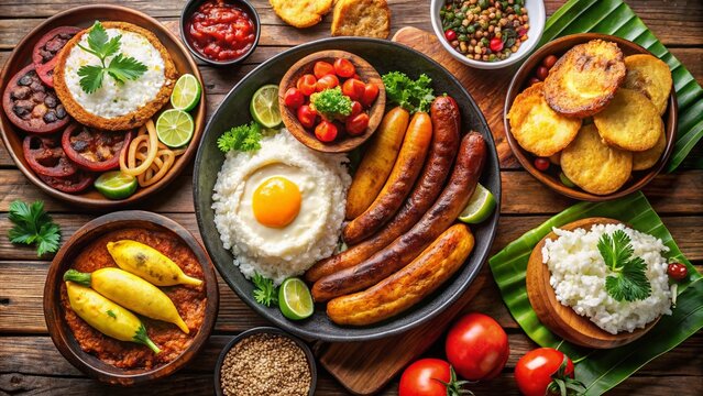 Vibrant arrangement of traditional Colombian dishes, including bandeja paisa, empanadas, arepas, chorizo, and plantains, showcasing the country's rich culinary heritage and cultural diversity.