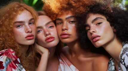 Obraz premium Diverse beauty portraits of women with freckles and natural textures, modern fashion photography