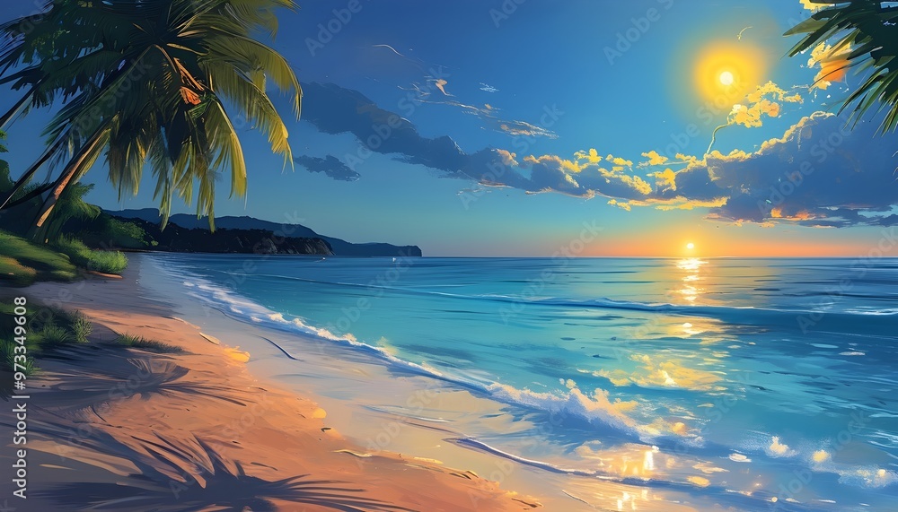 Wall mural serene evening beach illustration showcasing tranquility and beauty through generative ai artistry