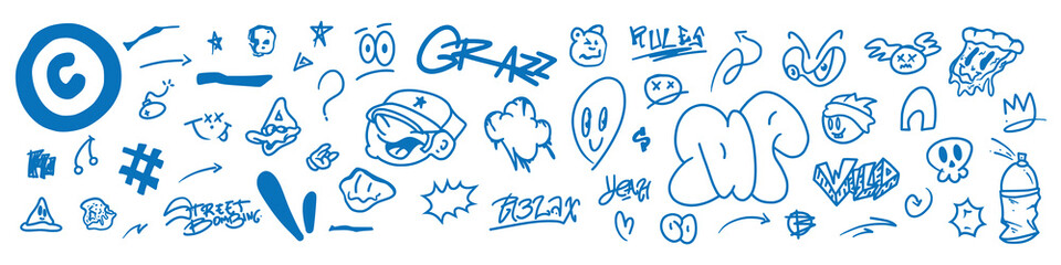 Graffiti doodle punk and girly shapes collection. Hand drawn abstract scribbles and squiggles, creative various shapes, pencil drawn icons.