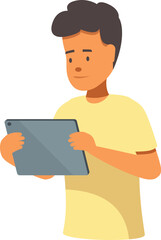 Young man is holding a digital tablet, browsing the internet or using a mobile app