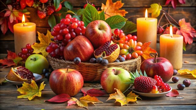 Vibrant bouquet of apples, grapes, and pomegranates surrounded by candles, honeycomb, and festive autumn leaves, symbolizing peace, prosperity, and new beginnings.
