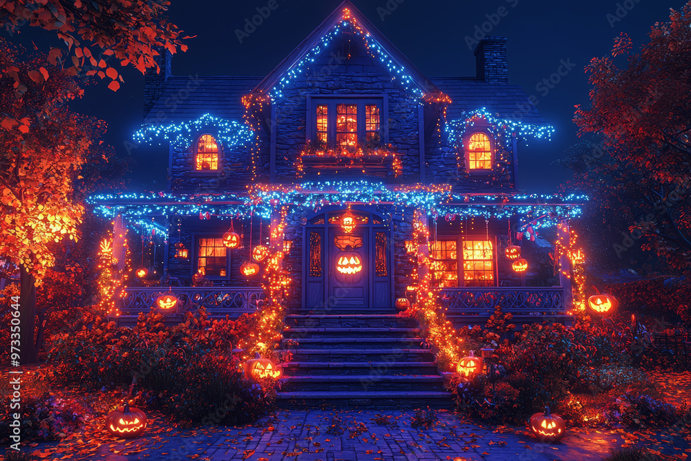 Poster a halloween-themed smart home where all decorations and lighting are controlled by voice commands an