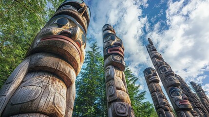 A majestic collection of totem poles, each a monumental sculpture rich in cultural history and intricately carved from large trees, standing tall against the sky.