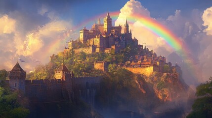 A majestic medieval castle perched atop a hill, bathed in the golden glow of the setting sun, with a vibrant rainbow arching over it.
