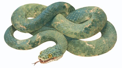 Obraz premium A green snake with yellow eyes and a forked tongue, curled up in a coil.