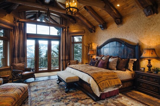 A master bedroom in a Colorado mountain retreat, combining luxury with rustic elements.