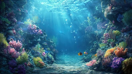Naklejka premium A mesmerizing underwater fantasy landscape within a hidden realm of the ocean, showcasing a magnificent coral reef teeming with marine life.