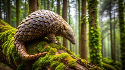 Chinese Pangolin on Mossy Log in Misty Forest, Rare and Endangered Species