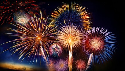 Obraz premium Isolated fireworks with depth of field capturing vibrant colors and festive atmosphere