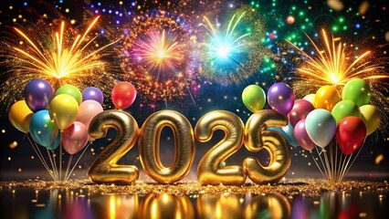 Vibrant colorful fireworks explode in night sky above glittering gold 2025 numerals, surrounded by confetti and balloons, celebrating the start of a new year.