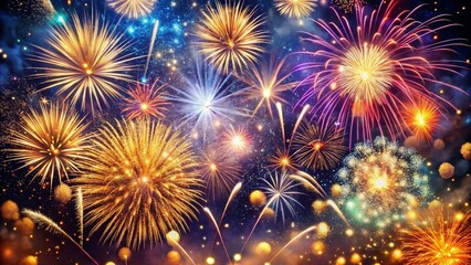 Naklejka premium Vibrant colorful fireworks explode in night sky above glittering gold and silver confetti, celebrating joyful festive atmosphere of new year's eve party decoration.