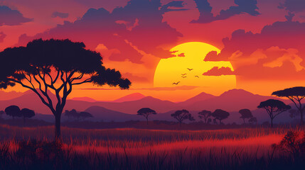 African savannah on the background of the sunset. Savannah. Illustration