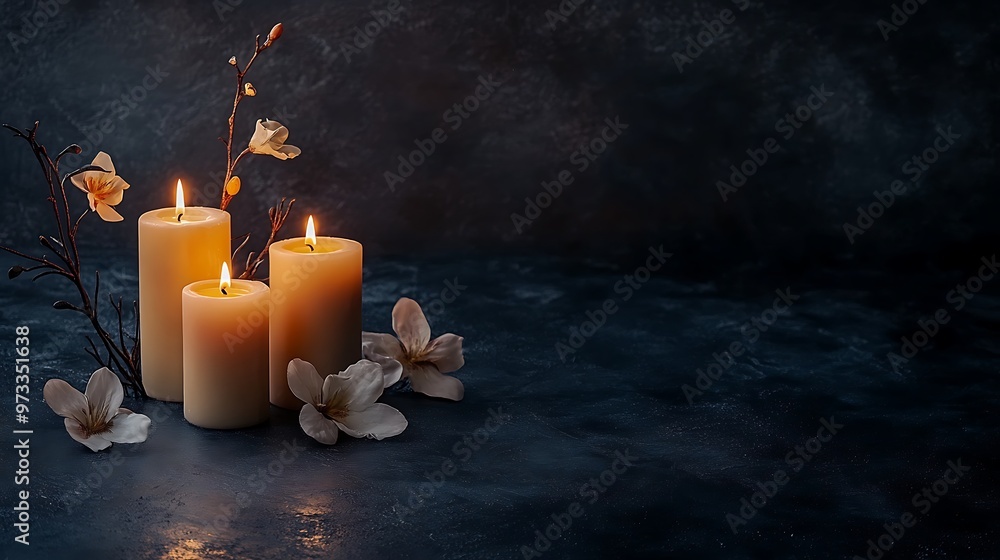 Poster a soft, glowing candles on a table background with a dark, clear space for text