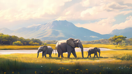 Elephants walking field mountain background nature environment sales father figure highly panoramic savannah professional color. Savannah. Illustration