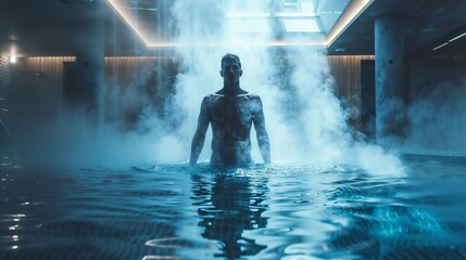 Obraz premium A man in a pool of water from which steam is coming out.