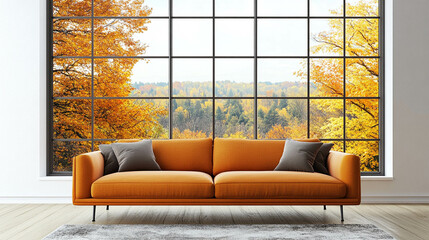 Obraz premium a modern and comfortable light orange sofa in an empty living room in front of a bright window with falll landscape view 