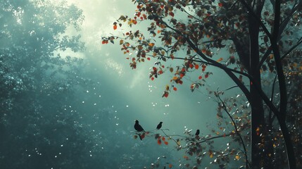 Dappled sunlight filters through trees as birds perch on branches in a serene forest during autumn's early morning glow