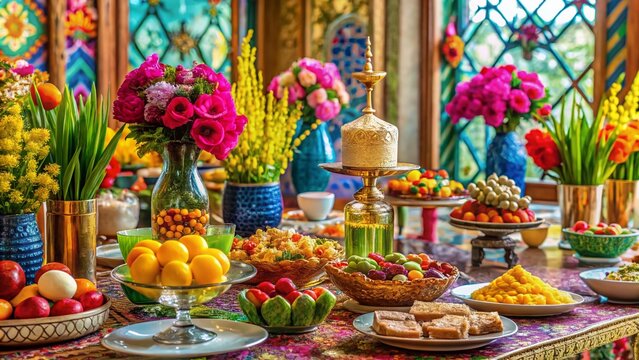 Vibrant colorfully decorated Haft-Seen table settings with sweets, flowers, and mirrors symbolize Iranian New Year celebrations, joy, and prosperity amidst festive atmosphere.