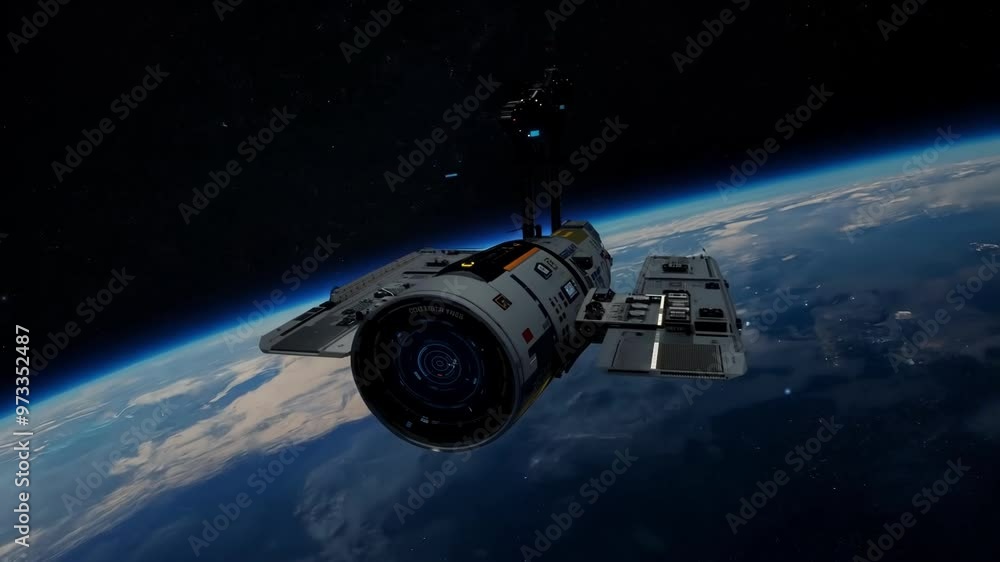 Poster futuristic spaceship orbits a dark planet in space, evoking wonder and curiosity about the universe