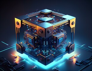 Fototapeta premium Futuristic Glowing Technology Cube in Blue-Orange Tones for background, wallpaper, futuristic visualize